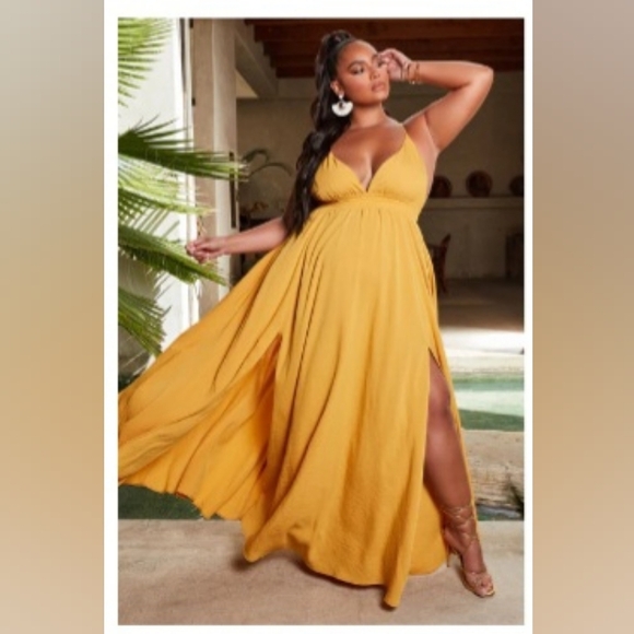 Fashion Nova Dresses & Skirts - Fashion Nova Golden Mustard Yellow flowing Maxi Dress Nwt Size XL